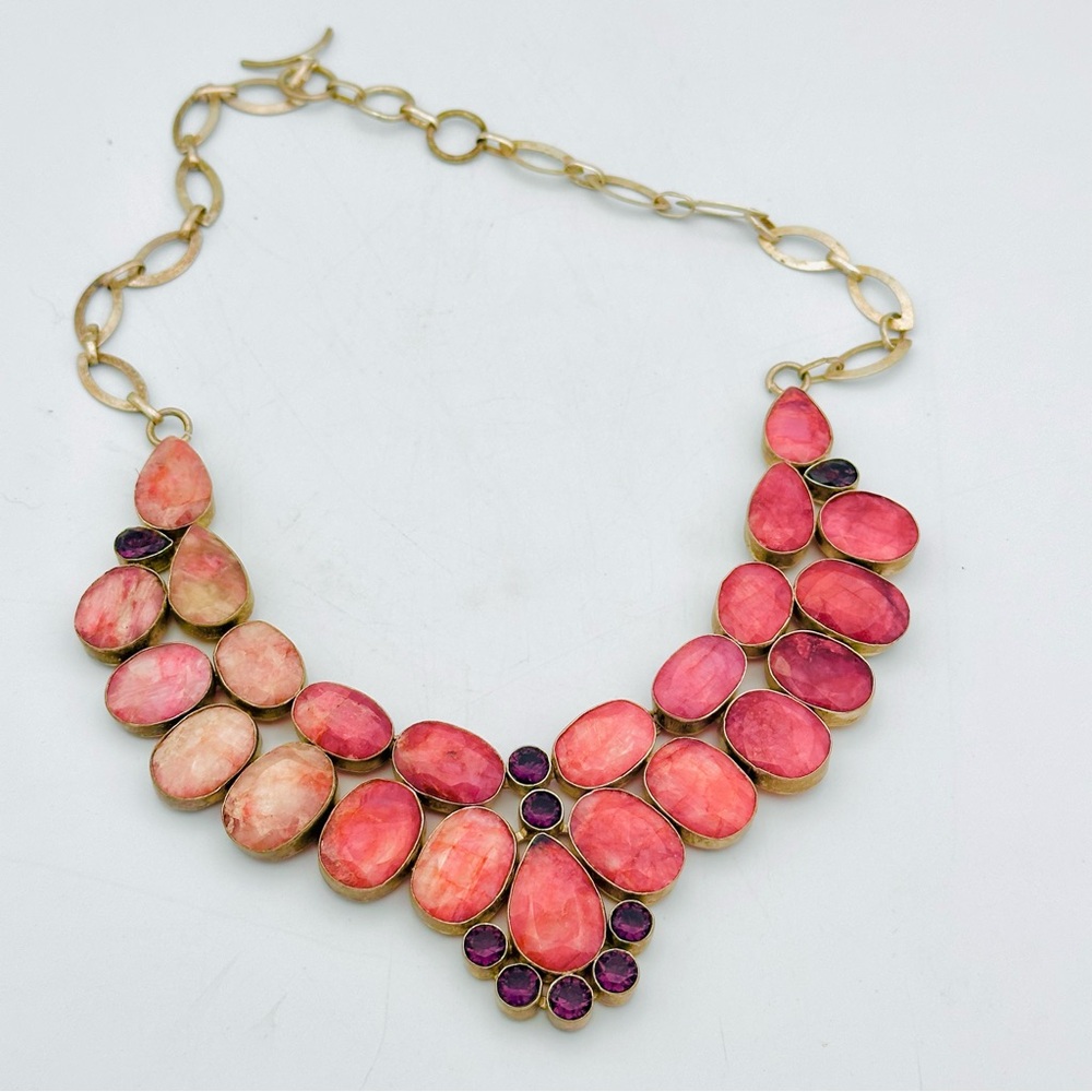 Sterling Silver Pink Gemstone Statement Necklace with Amethyst Accents